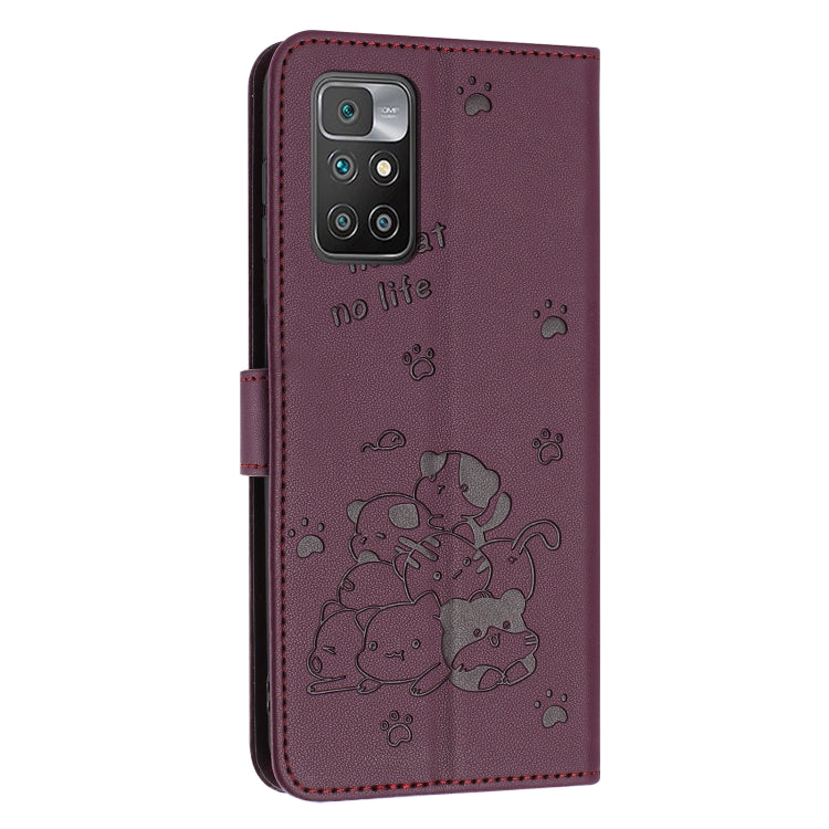 For Redmi 10 / 10 Prime Embossed Kitten Phone Leather Case with Lanyard