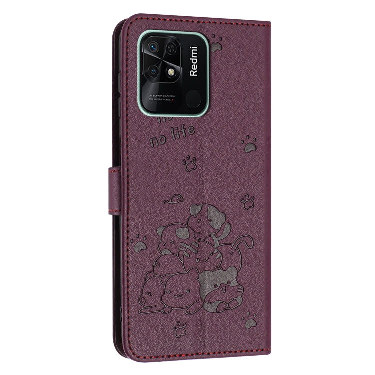 For Redmi 10C 4G Global Embossed Kitten Phone Leather Case with Lanyard
