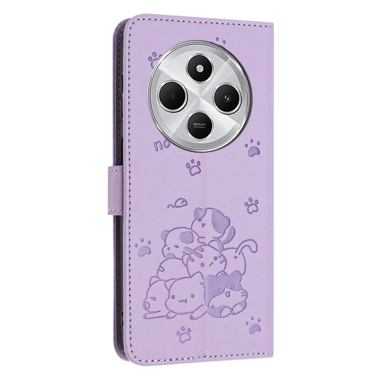 For Redmi 14C 4G Embossed Kitten Phone Leather Case with Lanyard