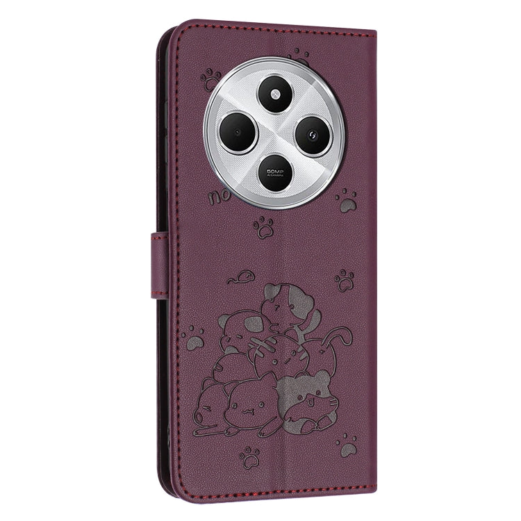 For Redmi 14C 4G Embossed Kitten Phone Leather Case with Lanyard