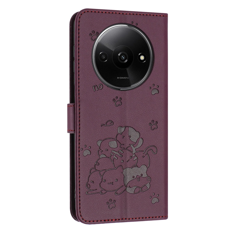 For Redmi A3 4G Global / A3x 4G Embossed Kitten Phone Leather Case with Lanyard