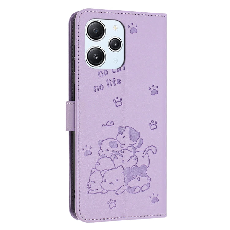 For Redmi 12 4G / Note 12R Embossed Kitten Phone Leather Case with Lanyard