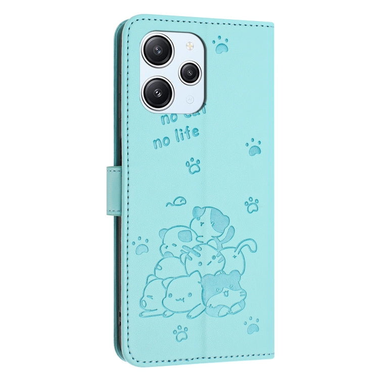 For Redmi 12 4G / Note 12R Embossed Kitten Phone Leather Case with Lanyard