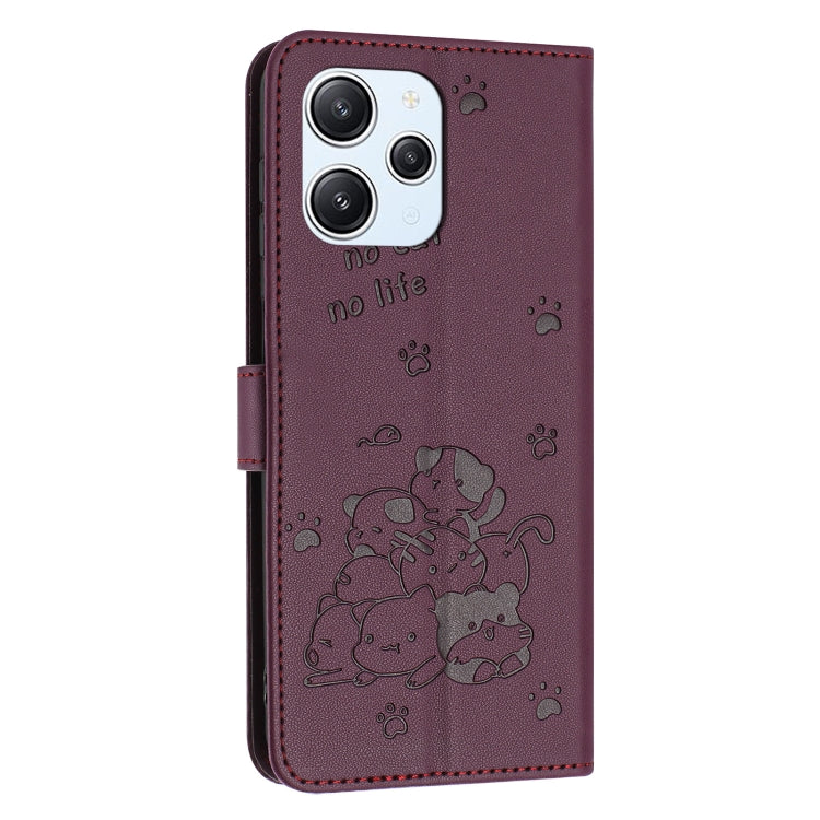For Redmi 12 4G / Note 12R Embossed Kitten Phone Leather Case with Lanyard