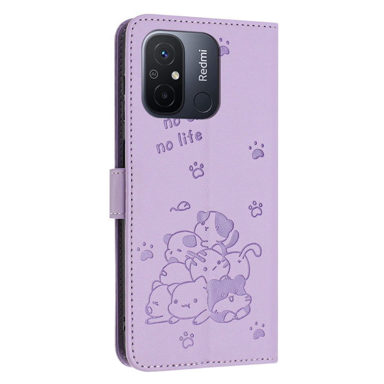 For Redmi 11A 4G Global Embossed Kitten Phone Leather Case with Lanyard