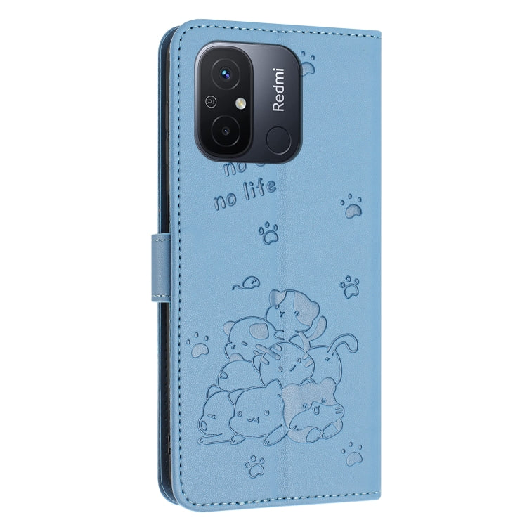 For Redmi 11A 4G Global Embossed Kitten Phone Leather Case with Lanyard