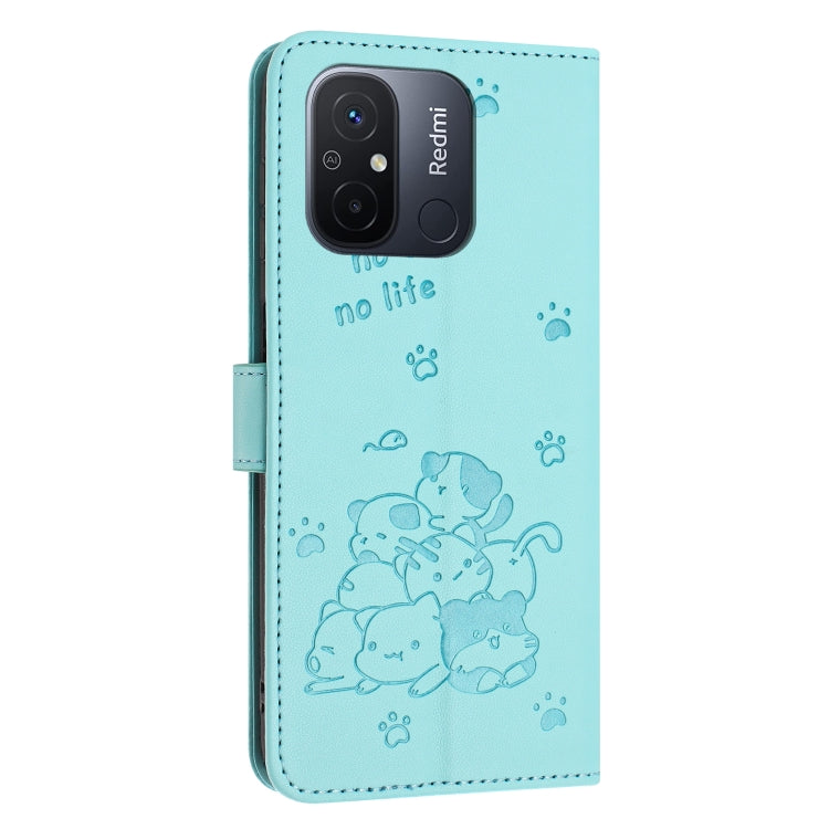 For Redmi 11A 4G Global Embossed Kitten Phone Leather Case with Lanyard