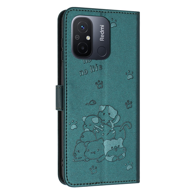 For Redmi 11A 4G Global Embossed Kitten Phone Leather Case with Lanyard