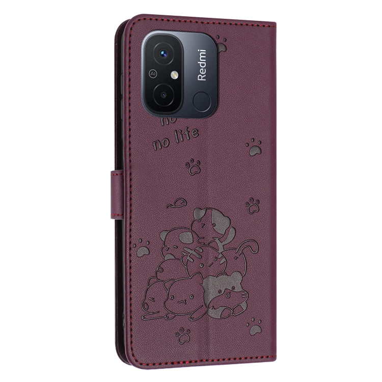 For Redmi 11A 4G Global Embossed Kitten Phone Leather Case with Lanyard