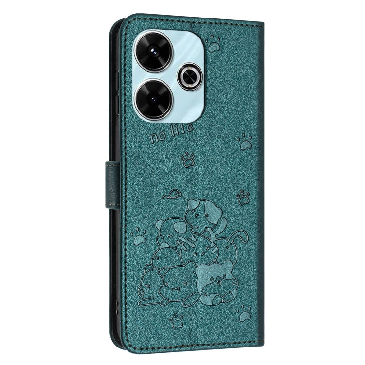 For Redmi 13 4G / 5G / Note 13R 5G Embossed Kitten Phone Leather Case with Lanyard