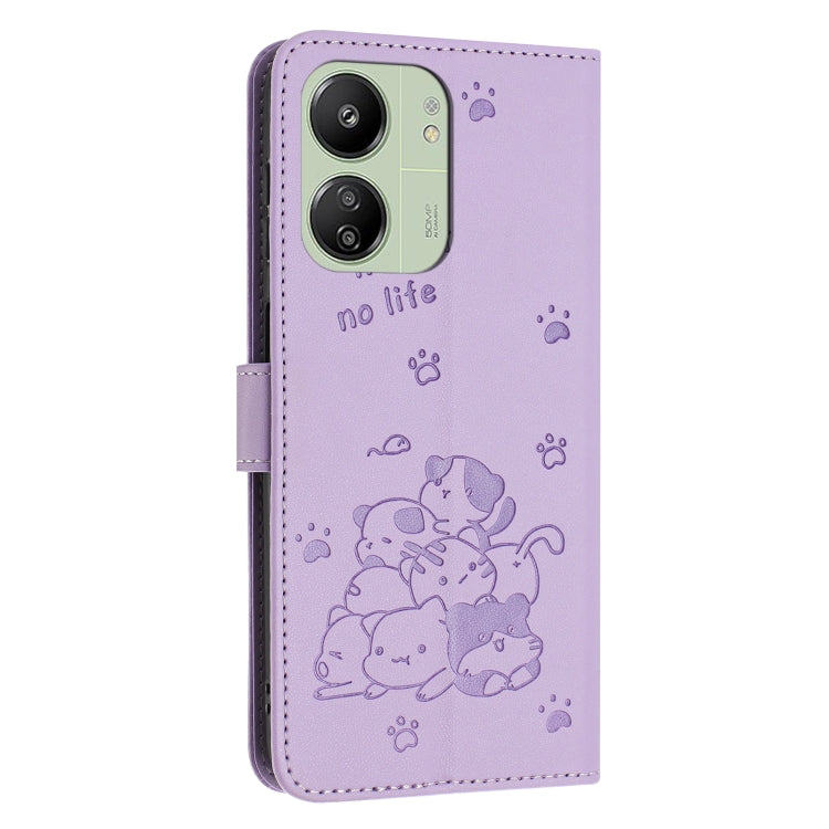 For Redmi 13C 4G / 5G / 13R Embossed Kitten Phone Leather Case with Lanyard