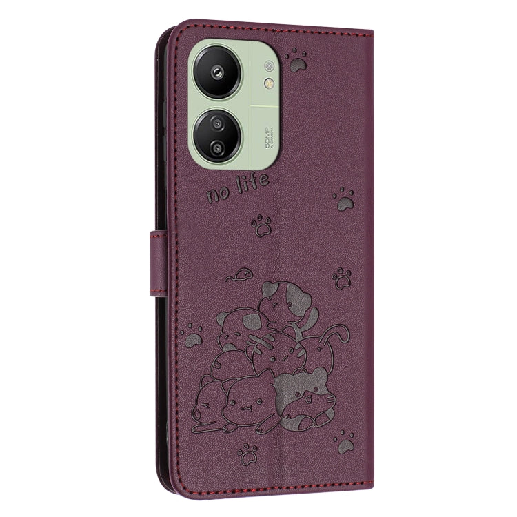 For Redmi 13C 4G / 5G / 13R Embossed Kitten Phone Leather Case with Lanyard
