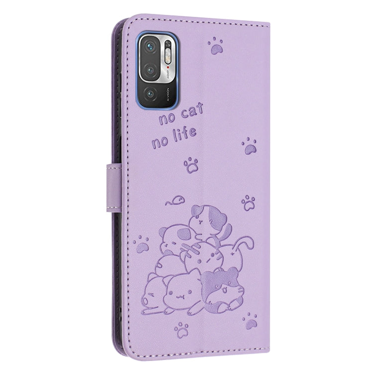 For Redmi Note 10 5G / Note 10T 5G Embossed Kitten Phone Leather Case with Lanyard