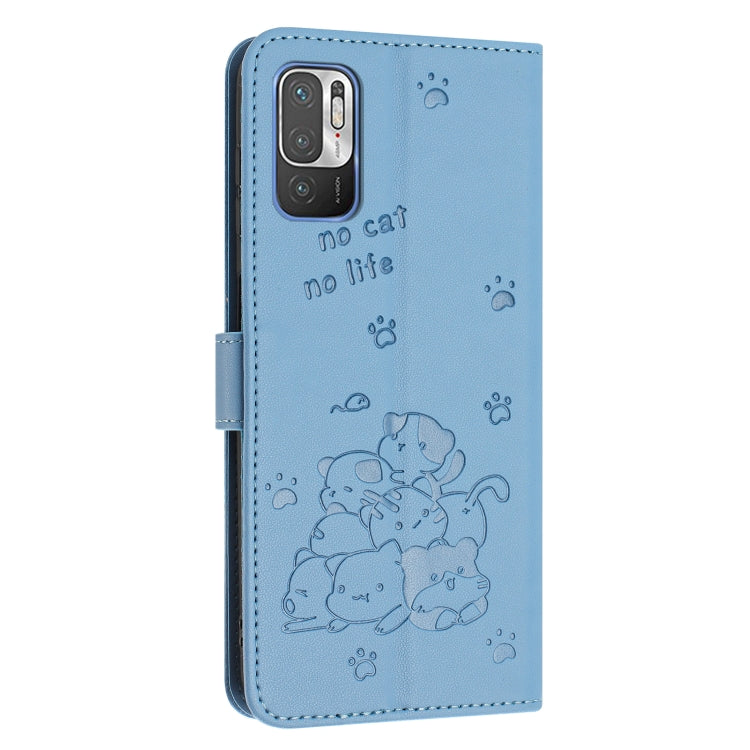 For Redmi Note 10 5G / Note 10T 5G Embossed Kitten Phone Leather Case with Lanyard
