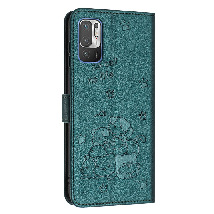 For Redmi Note 10 5G / Note 10T 5G Embossed Kitten Phone Leather Case with Lanyard