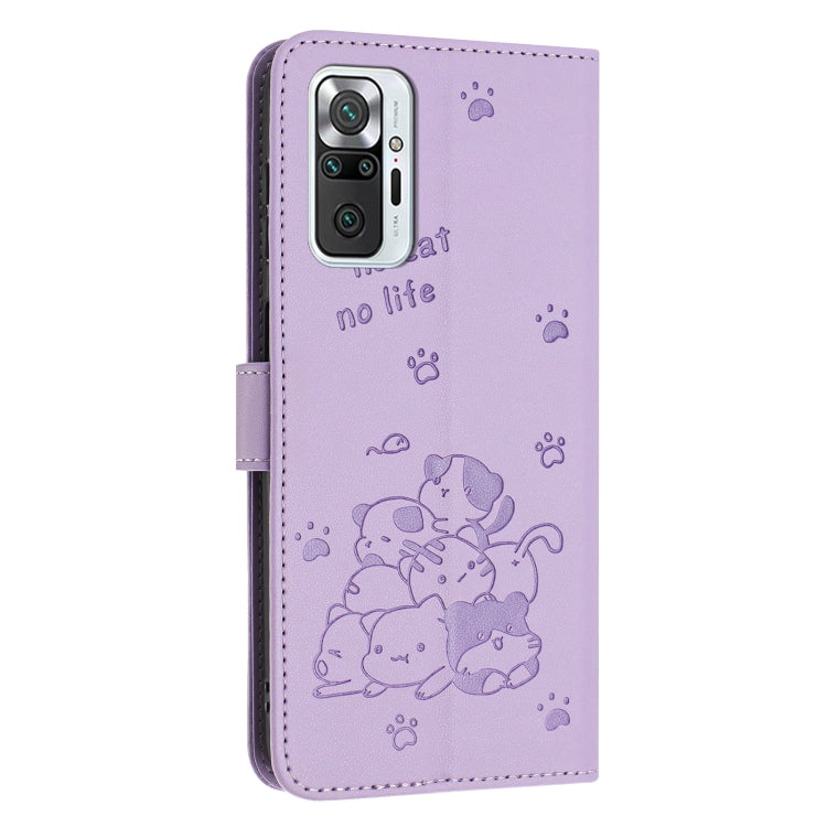 For Redmi Note 10 Pro Embossed Kitten Phone Leather Case with Lanyard
