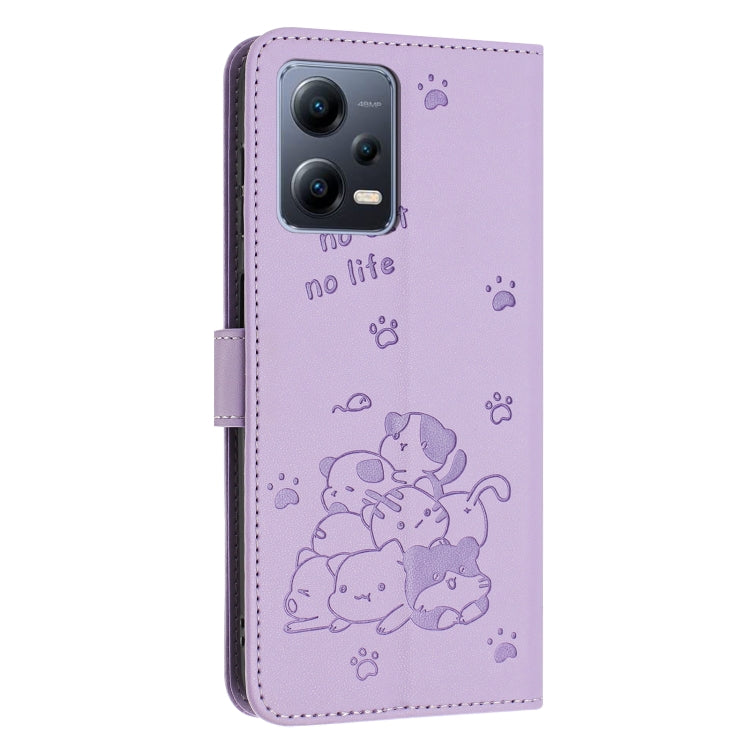 For Redmi Note 12 5G Global Embossed Kitten Phone Leather Case with Lanyard
