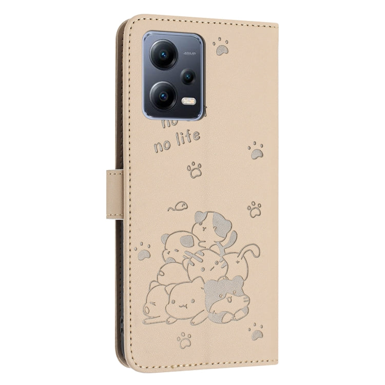 For Redmi Note 12 5G Global Embossed Kitten Phone Leather Case with Lanyard