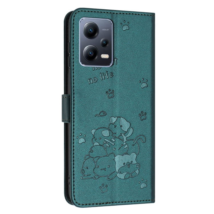 For Redmi Note 12 5G Global Embossed Kitten Phone Leather Case with Lanyard