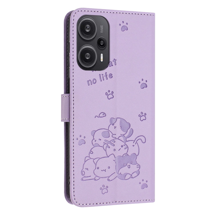For Redmi Note 12 Turbo Embossed Kitten Phone Leather Case with Lanyard