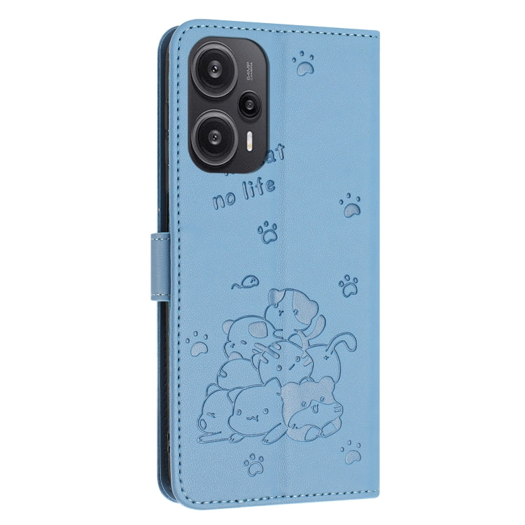 For Redmi Note 12 Turbo Embossed Kitten Phone Leather Case with Lanyard