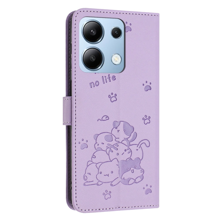 For Redmi Note 13 4G Global Embossed Kitten Phone Leather Case with Lanyard