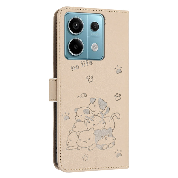 For Redmi Note 13 5G Global Embossed Kitten Phone Leather Case with Lanyard