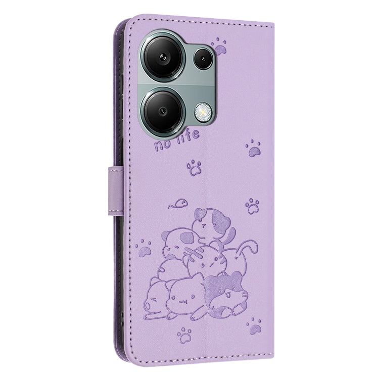 For Redmi Note 13 Pro 4G Global Embossed Kitten Phone Leather Case with Lanyard