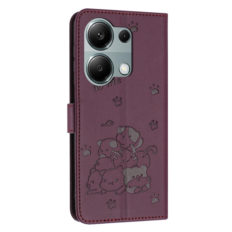 For Redmi Note 13 Pro 4G Global Embossed Kitten Phone Leather Case with Lanyard