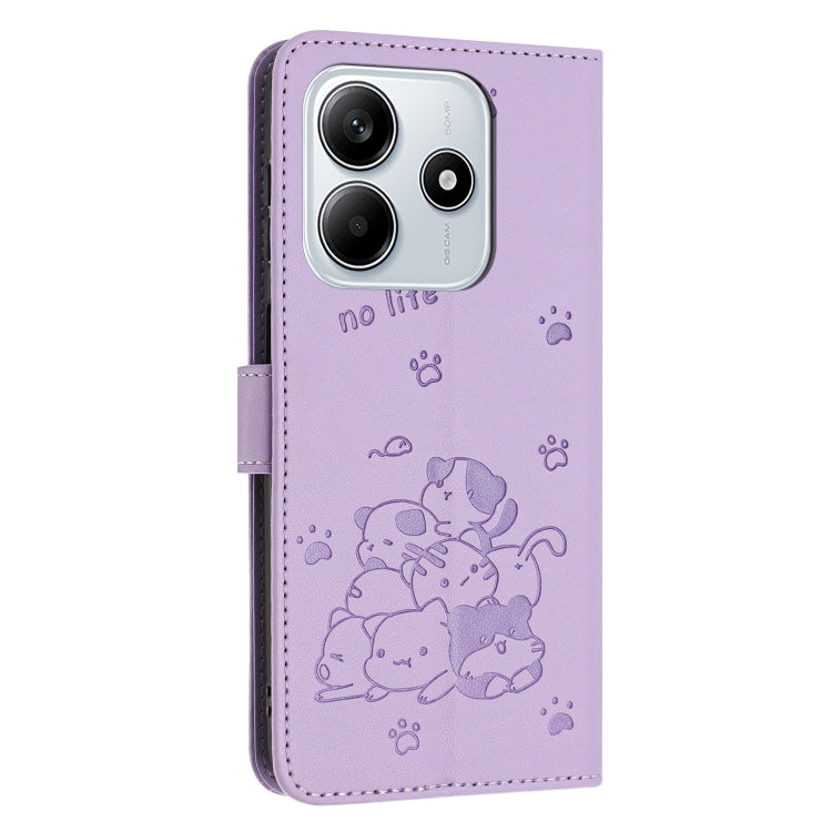 For Redmi Note 14 5G Embossed Kitten Phone Leather Case with Lanyard