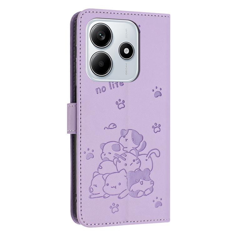 For Redmi Note 14 4G 163.25mm Embossed Kitten Phone Leather Case with Lanyard