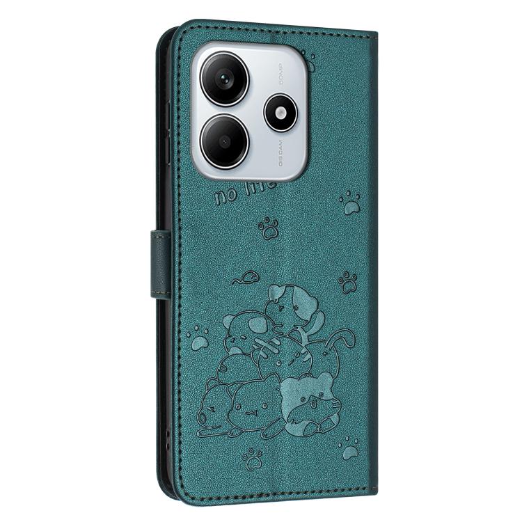 For Redmi Note 14 4G 163.25mm Embossed Kitten Phone Leather Case with Lanyard