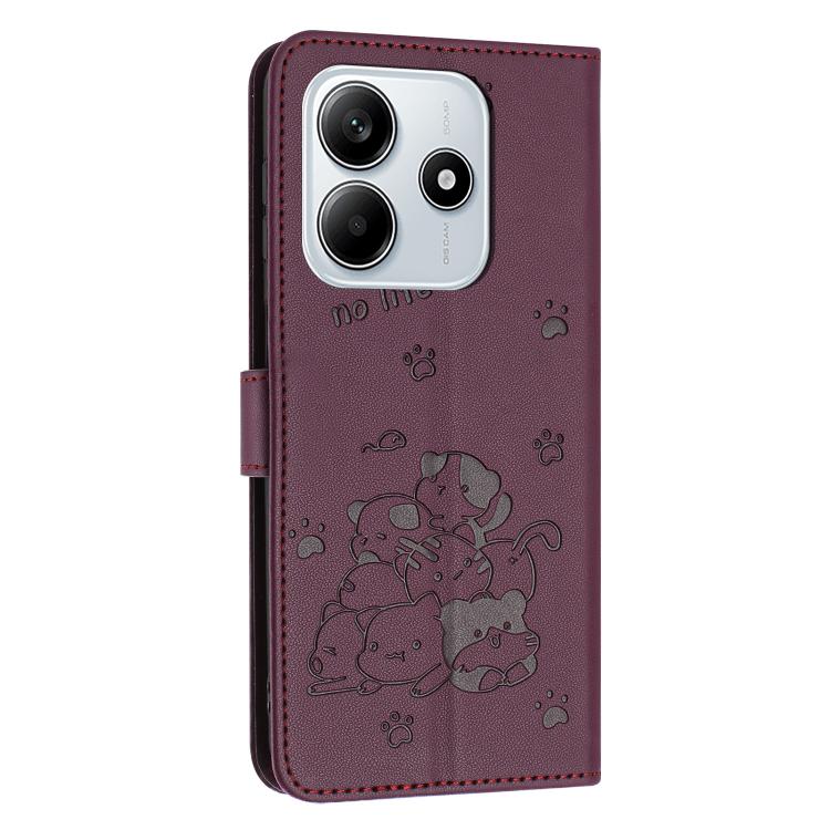 For Redmi Note 14 4G 163.25mm Embossed Kitten Phone Leather Case with Lanyard