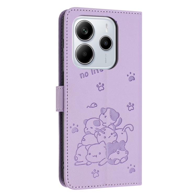 For Redmi Note 14 4G 164.84mm Embossed Kitten Phone Leather Case with Lanyard