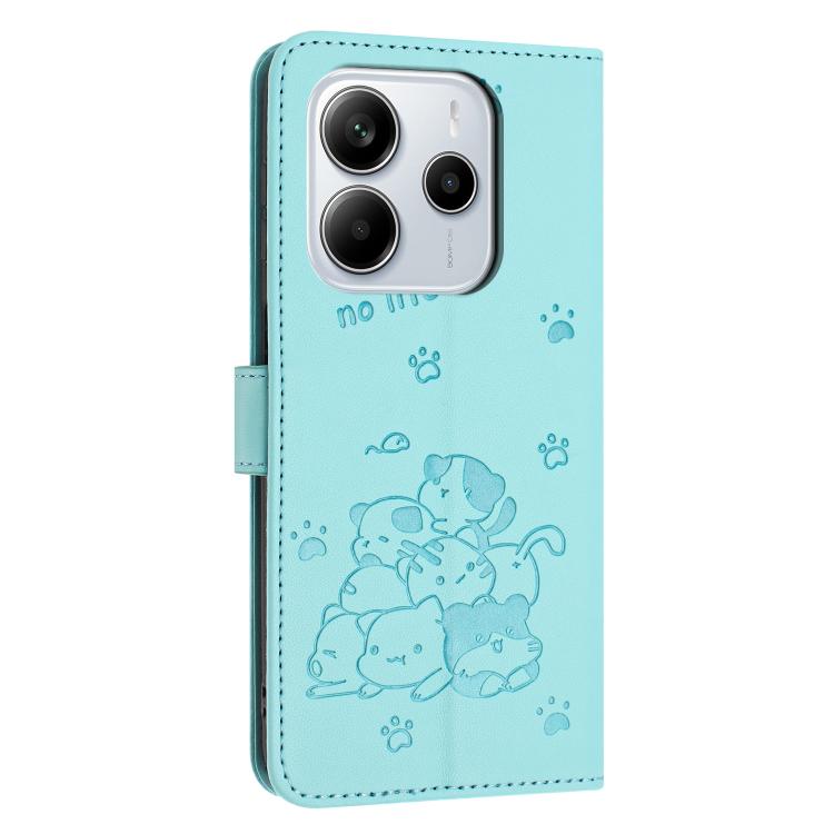 For Redmi Note 14 4G 164.84mm Embossed Kitten Phone Leather Case with Lanyard