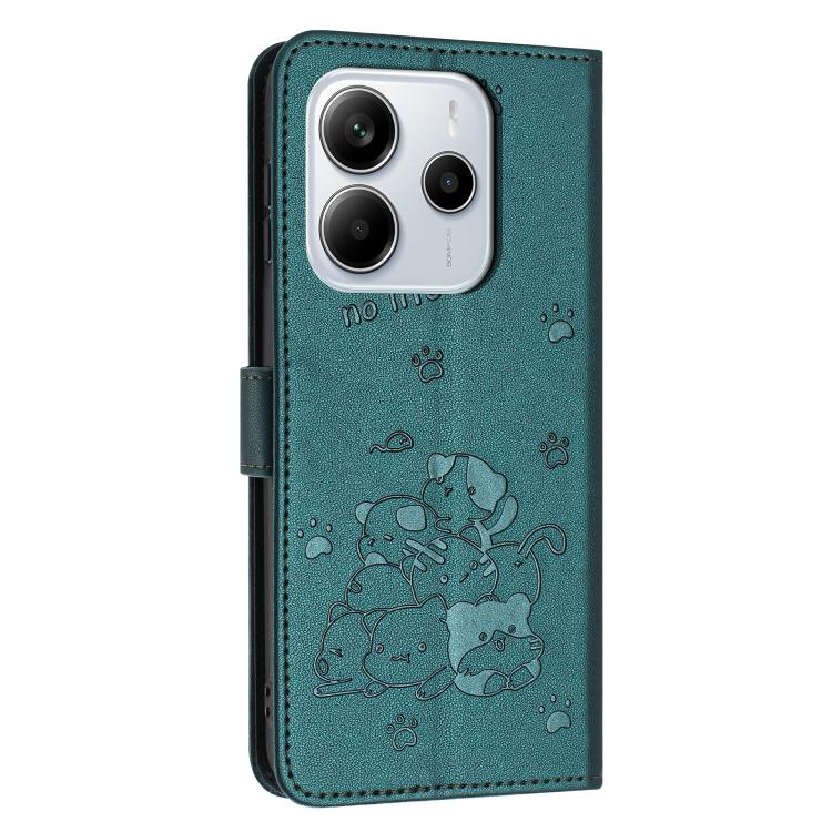 For Redmi Note 14 4G 164.84mm Embossed Kitten Phone Leather Case with Lanyard
