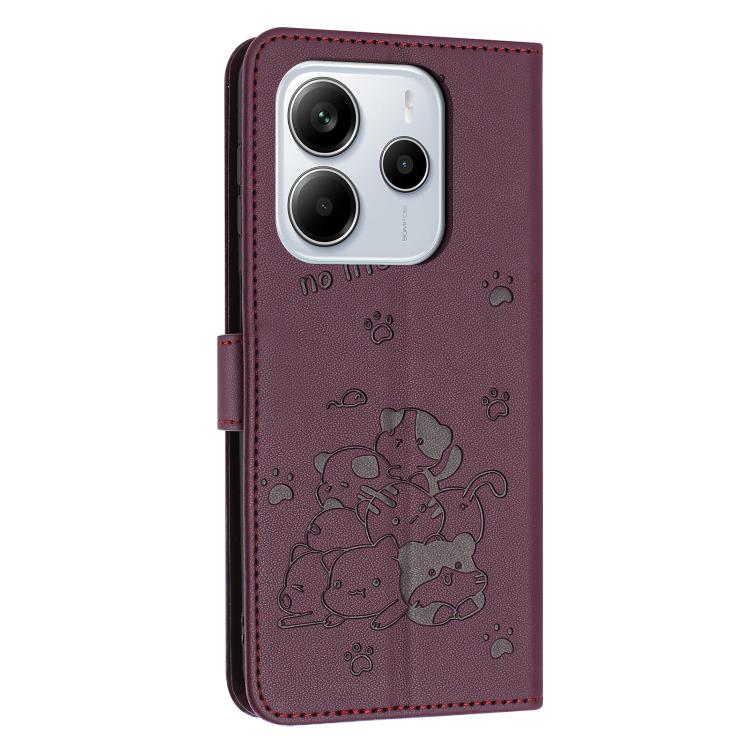 For Redmi Note 14 4G 164.84mm Embossed Kitten Phone Leather Case with Lanyard