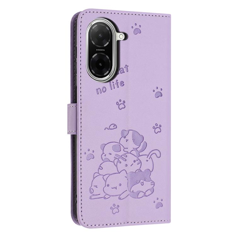 For Redmi A5 4G 171.7mm / Poco C71 Embossed Kitten Phone Leather Case with Lanyard