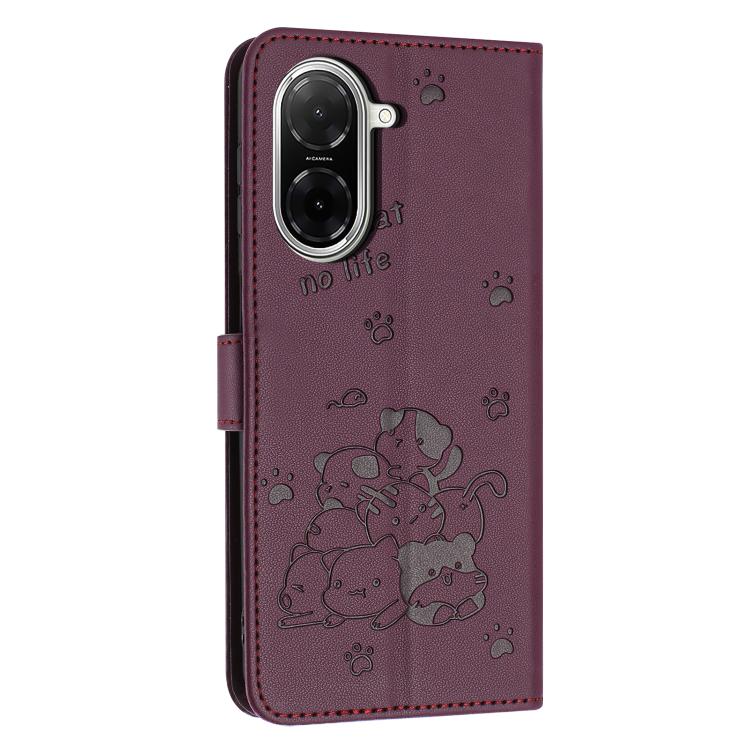 For Redmi A5 4G 171.7mm / Poco C71 Embossed Kitten Phone Leather Case with Lanyard