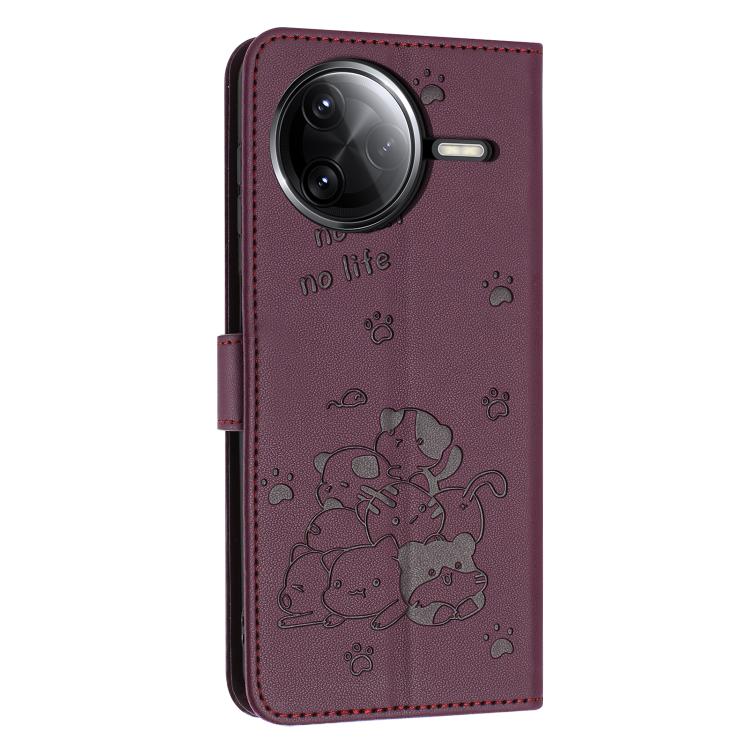 For Redmi K80 / K80 Pro Embossed Kitten Phone Leather Case with Lanyard