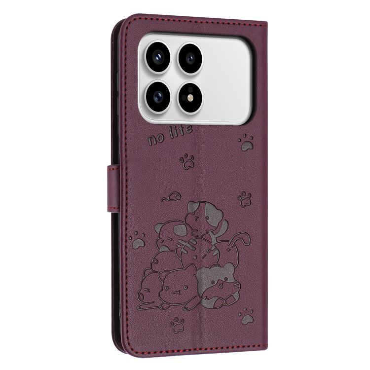 For Redmi K90 / Poco F8 Pro Embossed Kitten Phone Leather Case with Lanyard