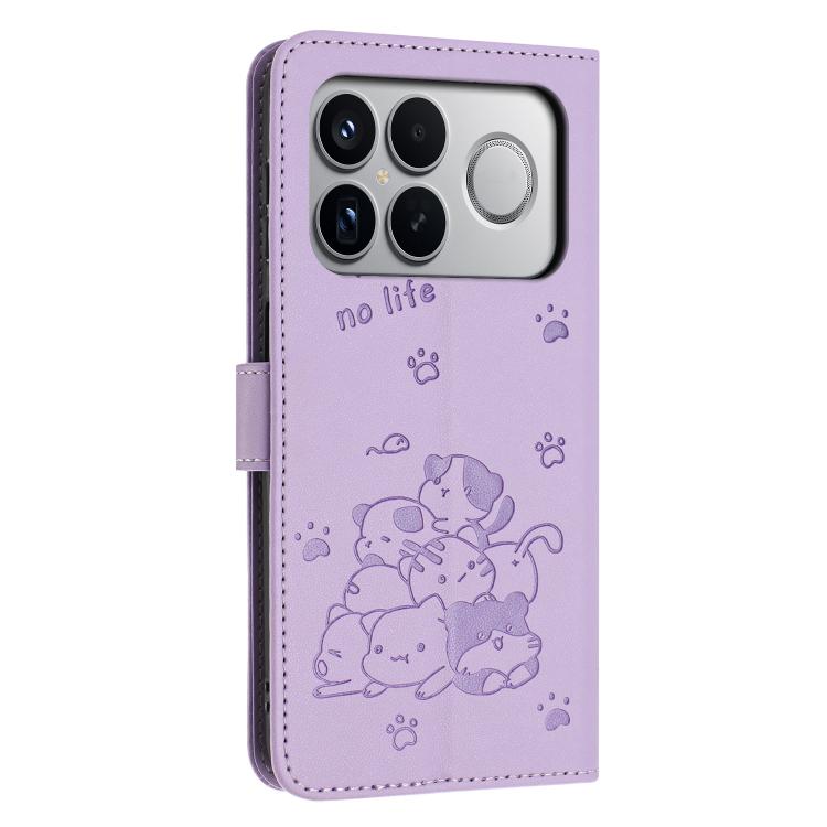For Redmi K90 Pro Max / Poco F8 Ultra Embossed Kitten Phone Leather Case with Lanyard