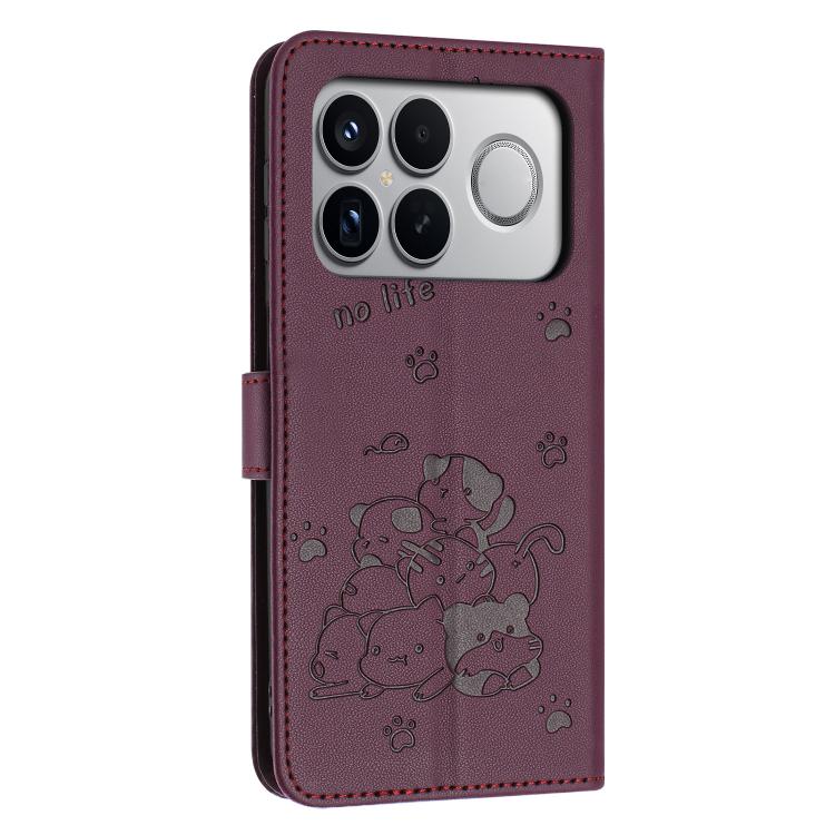 For Redmi K90 Pro Max / Poco F8 Ultra Embossed Kitten Phone Leather Case with Lanyard