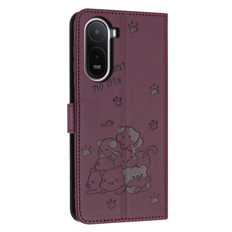 For Redmi A7 Pro 4G 171mm Embossed Kitten Phone Leather Case with Lanyard