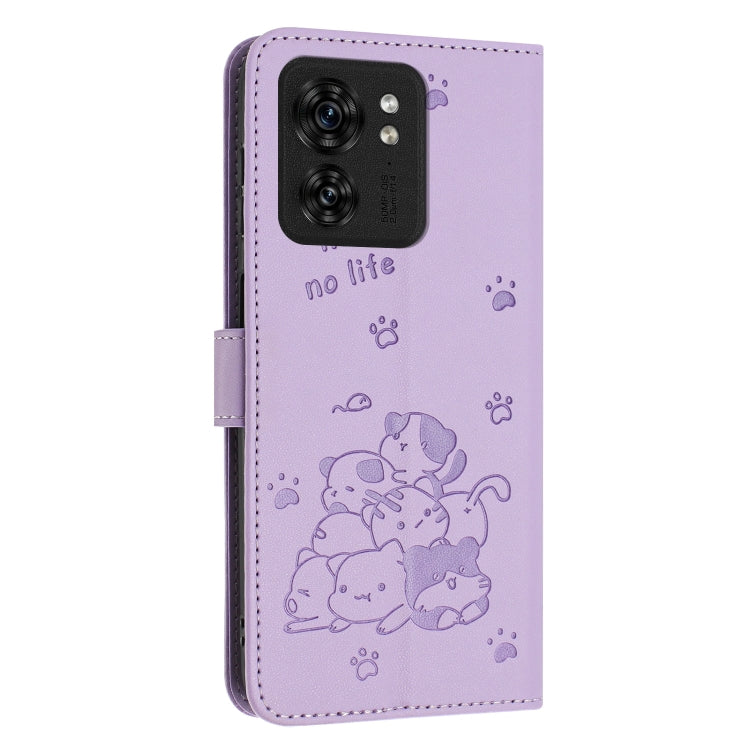 For Motorola Edge 40 Embossed Kitten Phone Leather Case with Lanyard