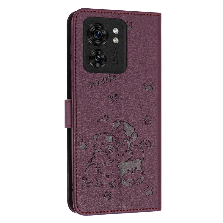 For Motorola Edge 40 Embossed Kitten Phone Leather Case with Lanyard