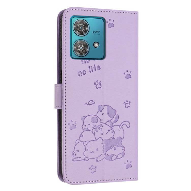 For Motorola Edge 40 Neo Embossed Kitten Phone Leather Case with Lanyard