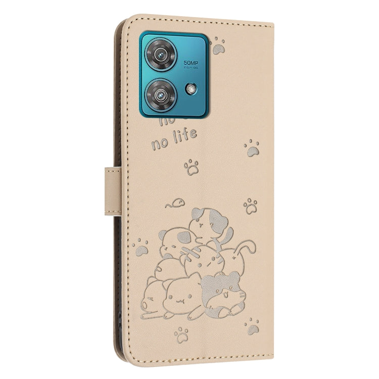 For Motorola Edge 40 Neo Embossed Kitten Phone Leather Case with Lanyard