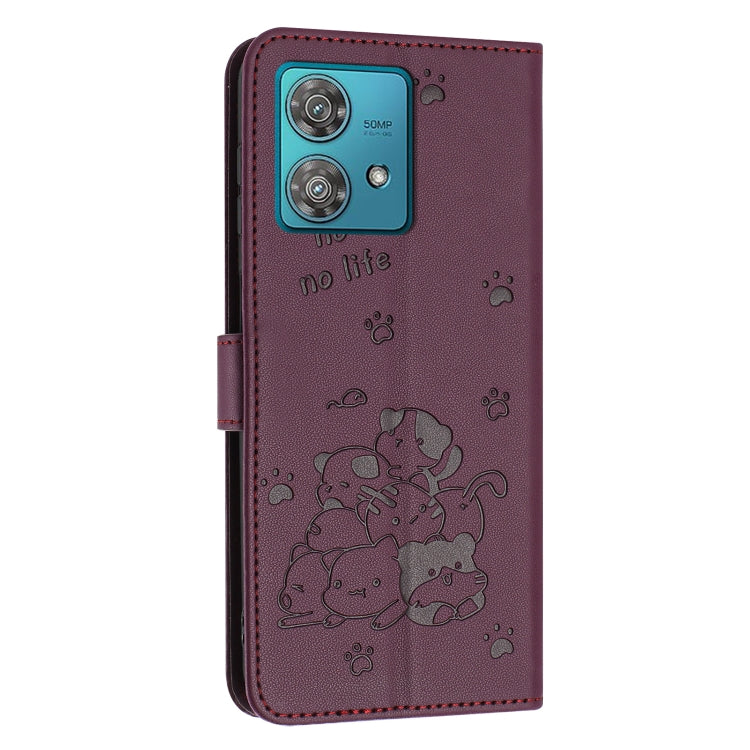 For Motorola Edge 40 Neo Embossed Kitten Phone Leather Case with Lanyard