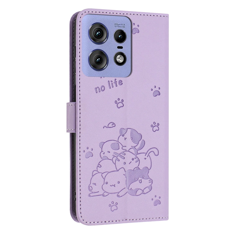 For Motorola Edge 50 Pro Embossed Kitten Phone Leather Case with Lanyard